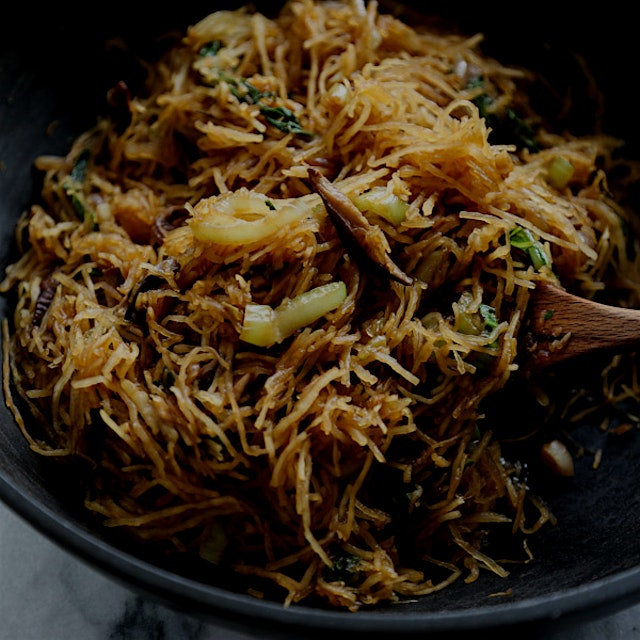 "This vegetable chow mein recipe is made gluten-free by using spaghetti squash instead of noodles...