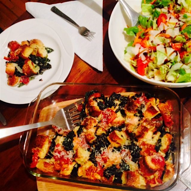 Prosciutto, Parmigiano, and Kale Stratta with a side salad tonight for dinner