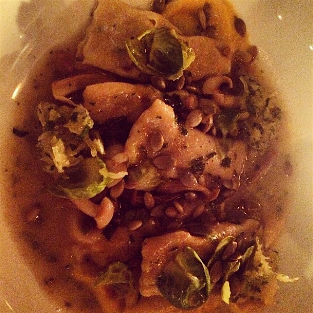 Roasted kobucha pumpkin agnolotti with spaghetti squash, ricotta, hom shimeji mushrooms, wilted b...