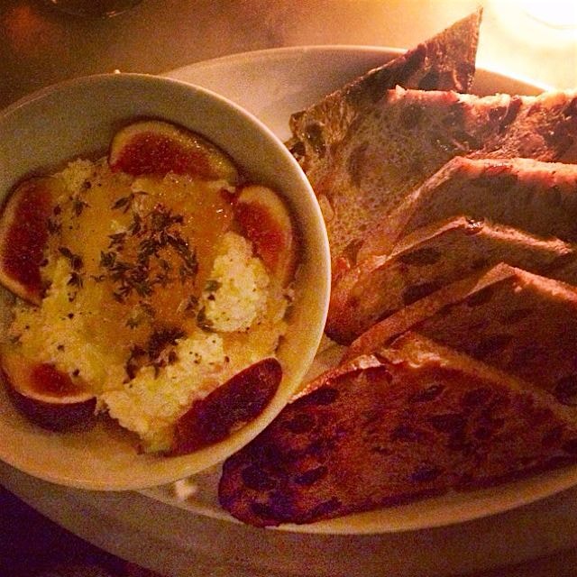Fresh ricotta with figs, fresh thyme, honeycomb, maldon sea salt & fruit nut bread. 