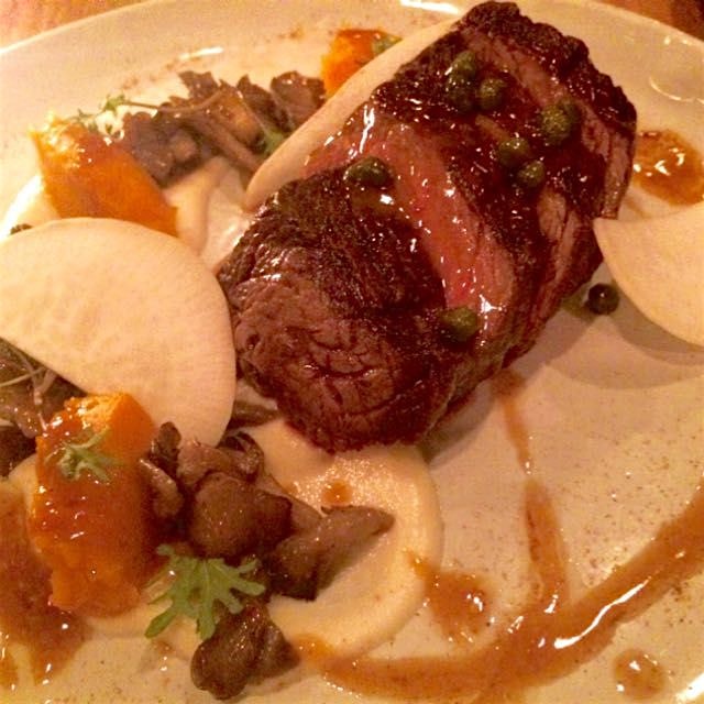Roasted sirloin flap with bonito butter, wood ear mushrooms, and whipped butternut squash and cel...