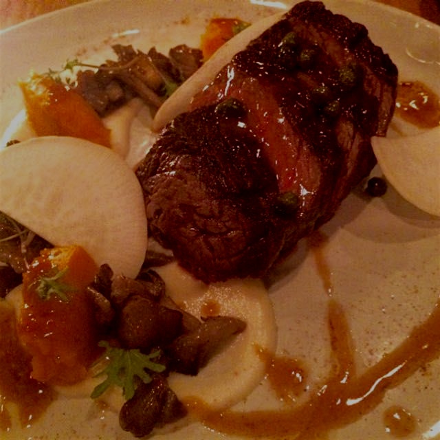 Roasted sirloin flap with bonito butter, wood ear mushrooms, and whipped butternut squash and cel...