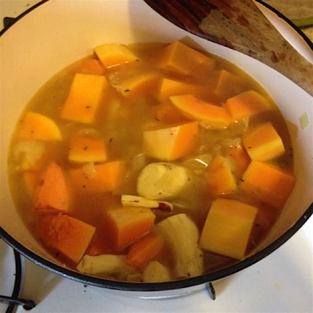 Sweet potato butternut squash soup in the making. Thank you to my CSA!