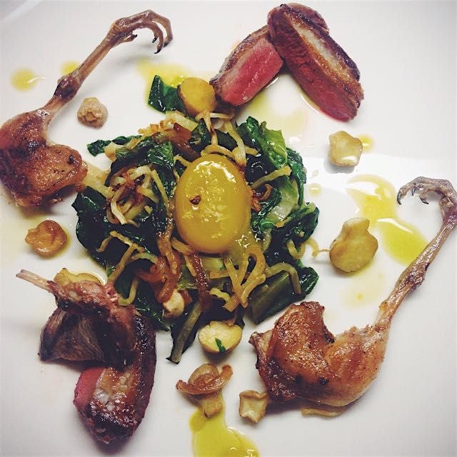 Woodcock with puffballs,braised greens and cured egg yolk. 