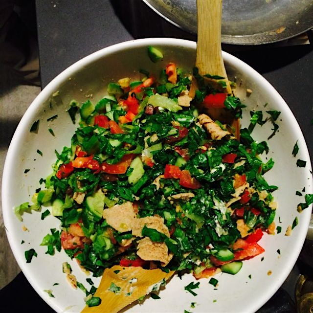 Rainy day calls for fattoush salad... Finely chopped with my new knife... Which was a bit too sha...