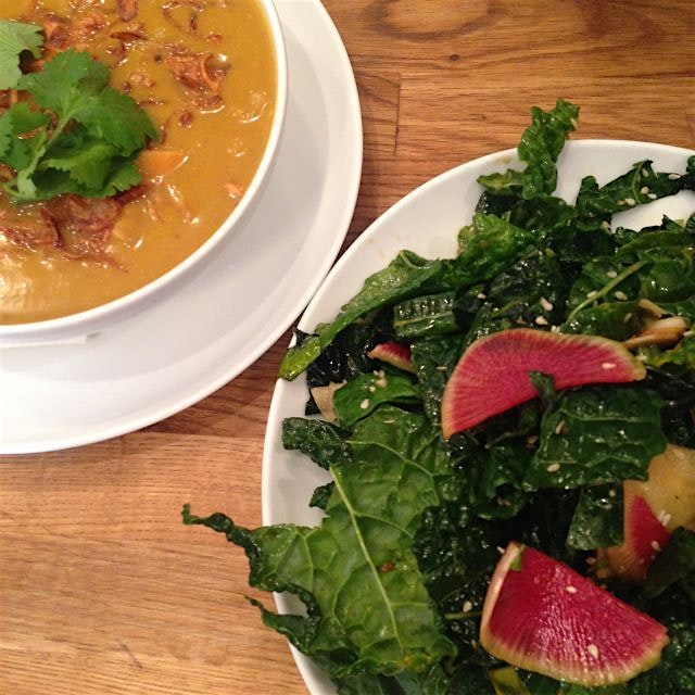 Watermelon radish kale salad dressed with seasame oil with a bowl of veggie green curry perfect b...