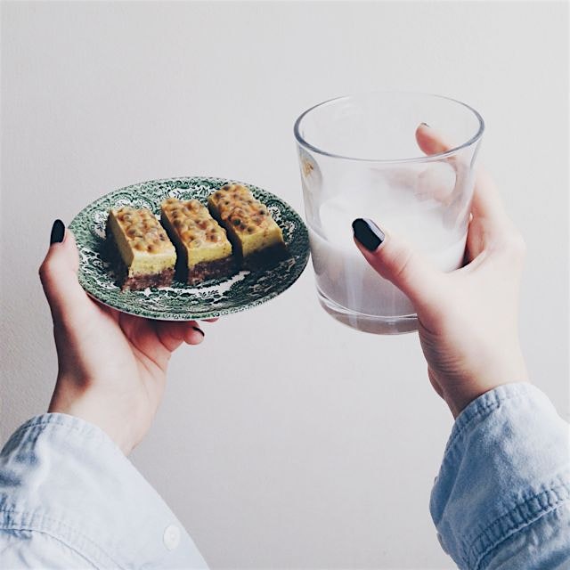 Part two of breakfast. Raw lemon cheesecake and some almond milk. Delish