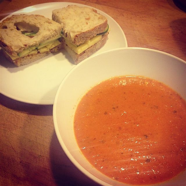 Roasted red pepper soup with cheddar, cucumber and honey mustard sandwiches. 