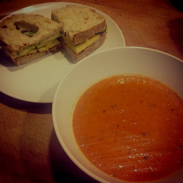 Roasted red pepper soup with cheddar, cucumber and honey mustard sandwiches. 
