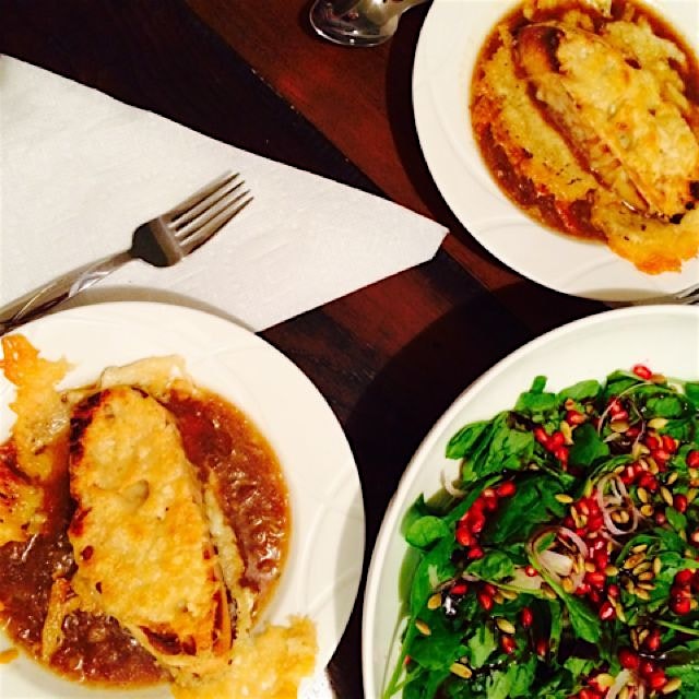 French Onion Soup and Spinach Salad with Pomegranates and Pepitas 