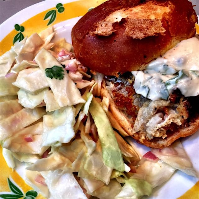 Home made crispy hake fish sandwich with home made coleslaw and home made tartar sauce :))))