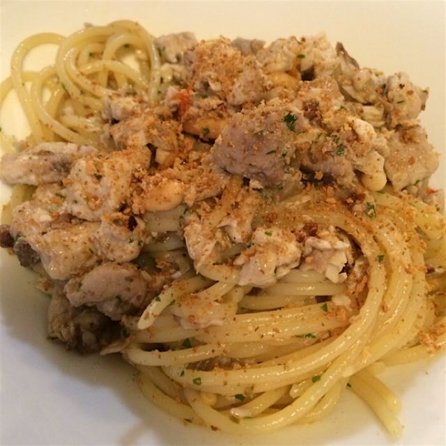 Spaghetti with the "caught of the day" bluefish 
