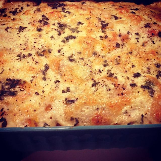 Butternut squash 'lasagna' with roasted red onions, shaved brussels,sausage, and sage with a garl...
