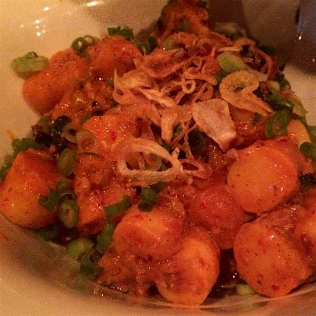 Momofuku ssam specialty: spicy pork sausage & rice cakes- leftovers going in @MichaelHalle's omel...