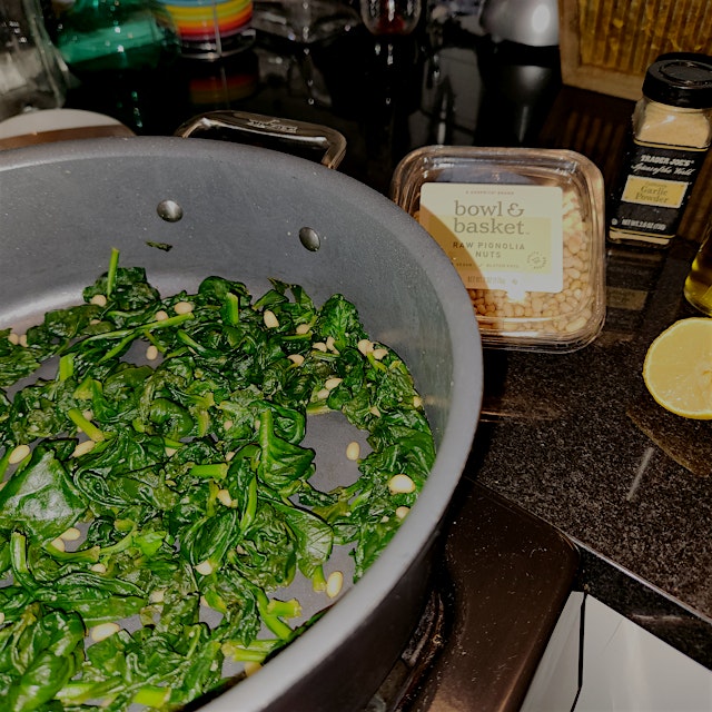Spray a pan with a little bit of extra virgin olive oil. Saute 1lb of baby spinach leaves until w...