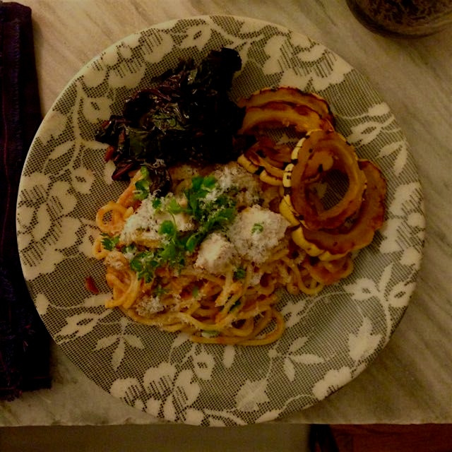 Carrot pasta sauce, sweet delicata squash, and chard on this happy autumn nite!