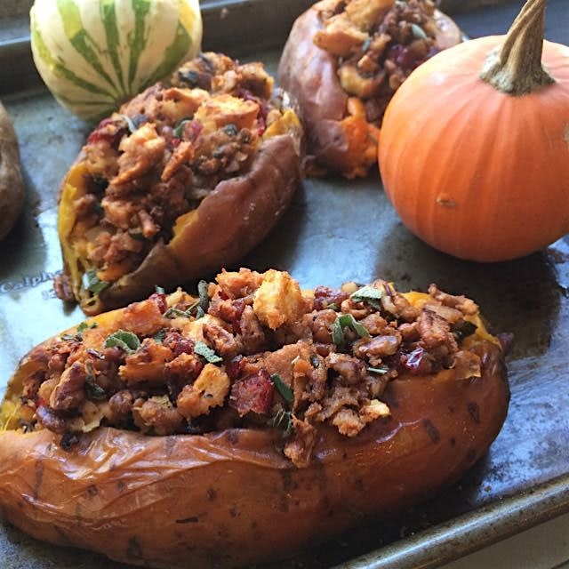 Thanksgiving stuffed sweet potato. GF DF and it's SO good. Guaranteed to make everyone at thanksg...