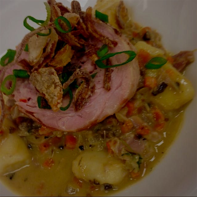 Rabbit porchetta with confit legs, gnocchi and porcini with my farm to table class @ SUNY Coblesk...