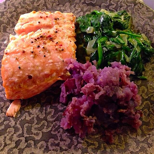 Succulent salmon, purple potatoes, and my fav creamed spinach!