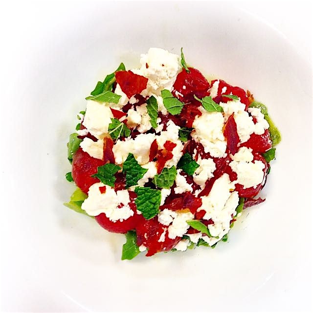 Compressed melon, mint, feta, crispy prosciutto 