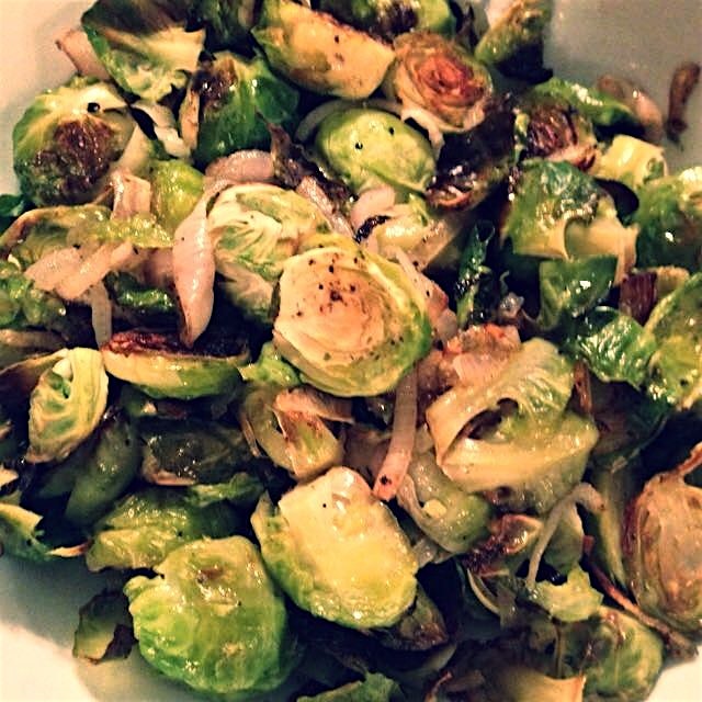 Long Island eats: Roasted Brussels sprouts and shallots (from Riverhead Farms) paired with Wolffe...