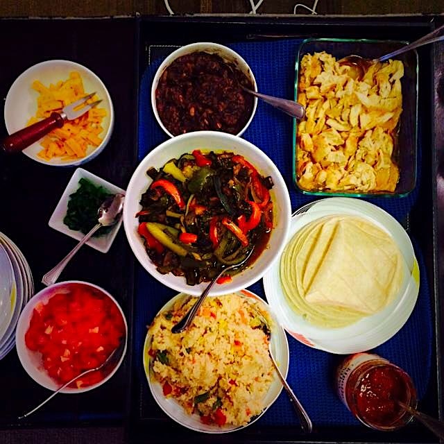 Fajita party for the end of the fam reunion. Veggies, organic chicken, local beans, rice, and soo...