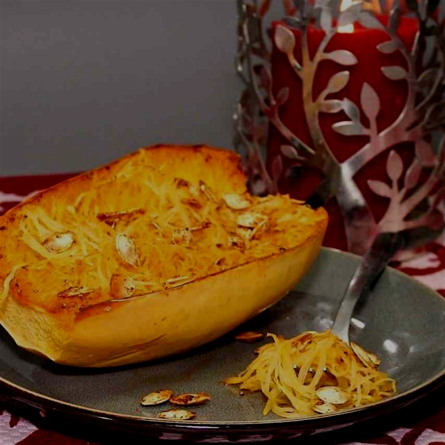 Roasted spaghetti squash with seeds from www.GreatFoodLifestyle.com. Easy, healthy holiday side! ...