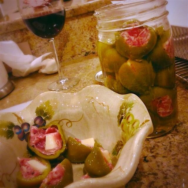 Homemade pepper shooters with Sopressata 