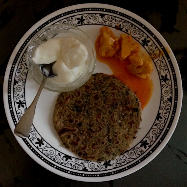 Pre-Thanksgiving Fuel, Methi Paratha with Achaar and dahi on Indian plates.