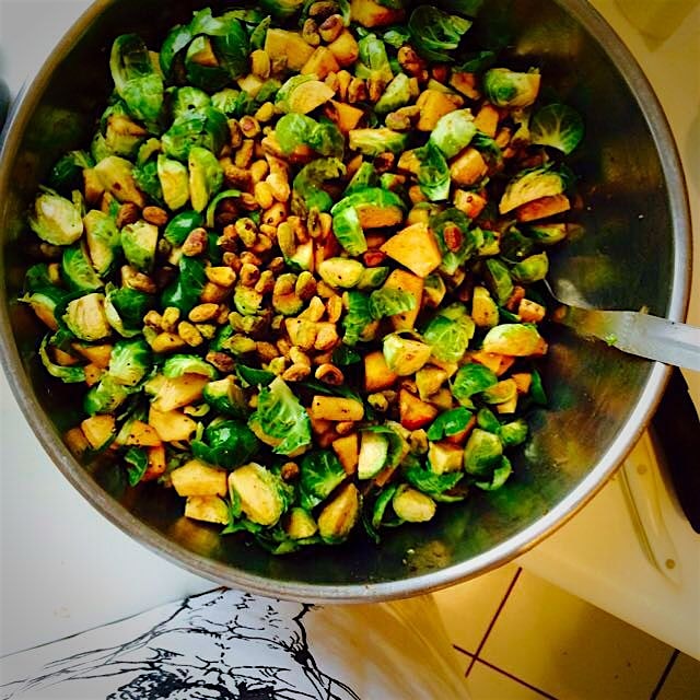 Brusssels apples and pistachios tossed with honey and balsamic. In-laws are impressed. #whatsinyo...