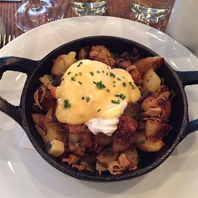 Duck hash with poached egg and smoked hollandaise sauce at Chapter One!