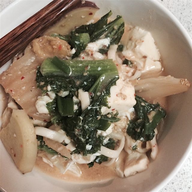 Hearty pork, tofu kimchi noodles for dinner 