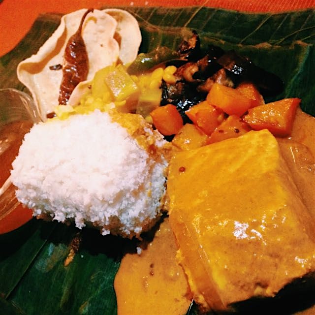 Puttu with wild-caught salmon curry, roasted eggplant and butternut squash, dhall with opo squash...