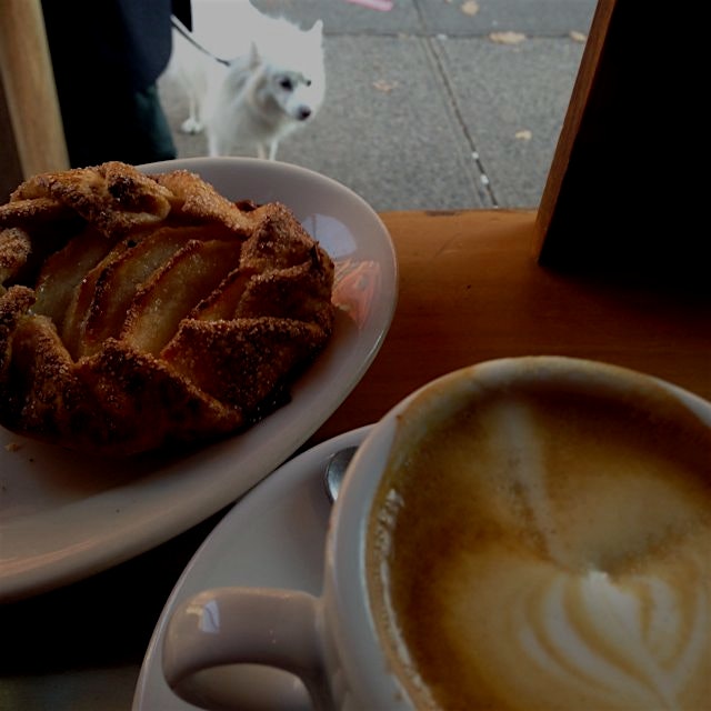 Sunday morning coffee, galette and friendly east village dog.