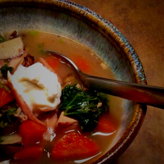 This rich soup is based on homemade stock and local veg. Served in a stoneware bowl made by me.