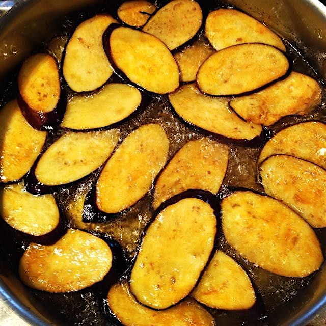 Chinese eggplant, salted and dusted with turmeric, then deep fried. This is how mum's warm eggpla...