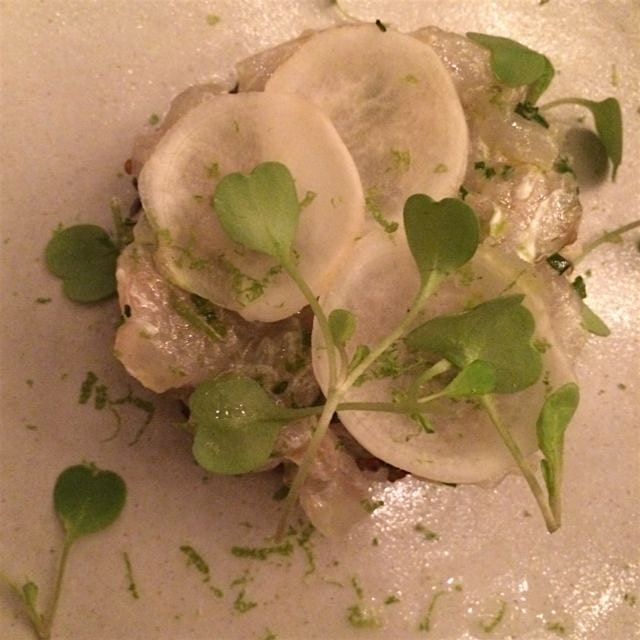 A little late night fluke tartare with microgreens.