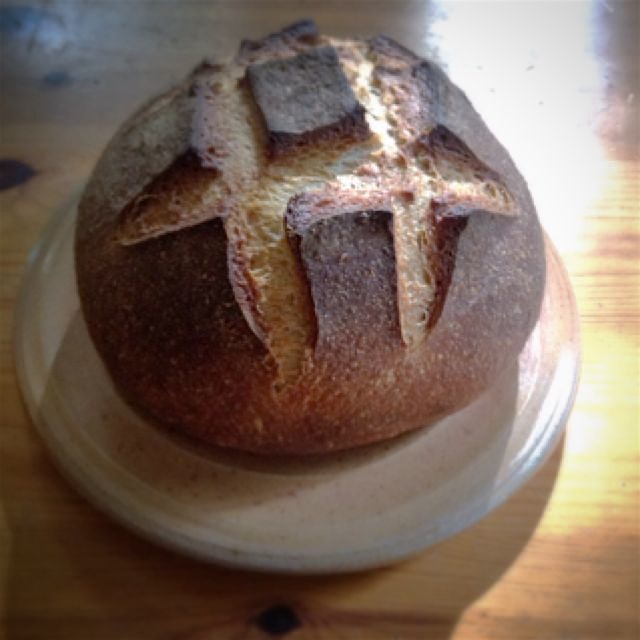 Homemade whole grain sourdough on a sodafired plate. Nothing beats warm bread!