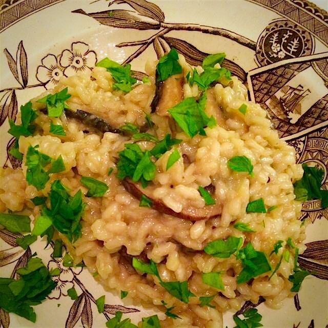 Mushroom risotto with post-Thanksgiving turkey broth. The last of the turkey-flavored things, tha...