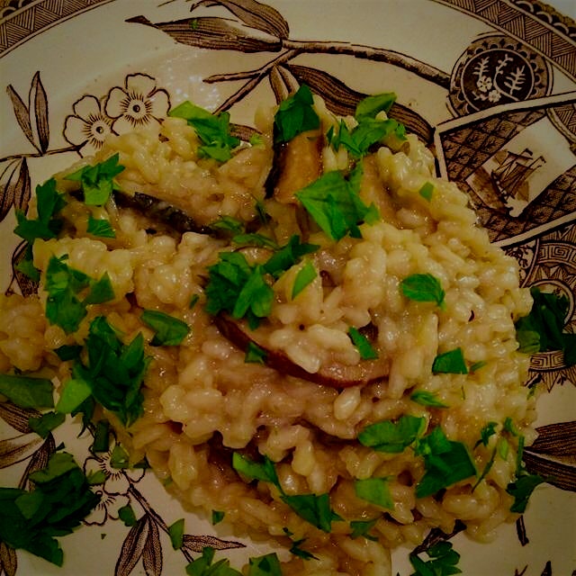 Mushroom risotto with post-Thanksgiving turkey broth. The last of the turkey-flavored things, tha...