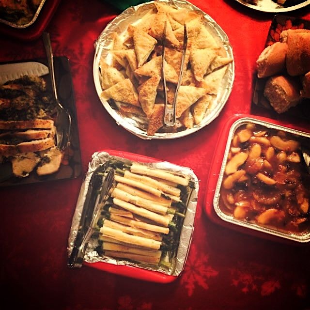Phyllo wrapped asparagus, spinach and feta pockets, and roasted maple apples. Holiday party #1 @a...