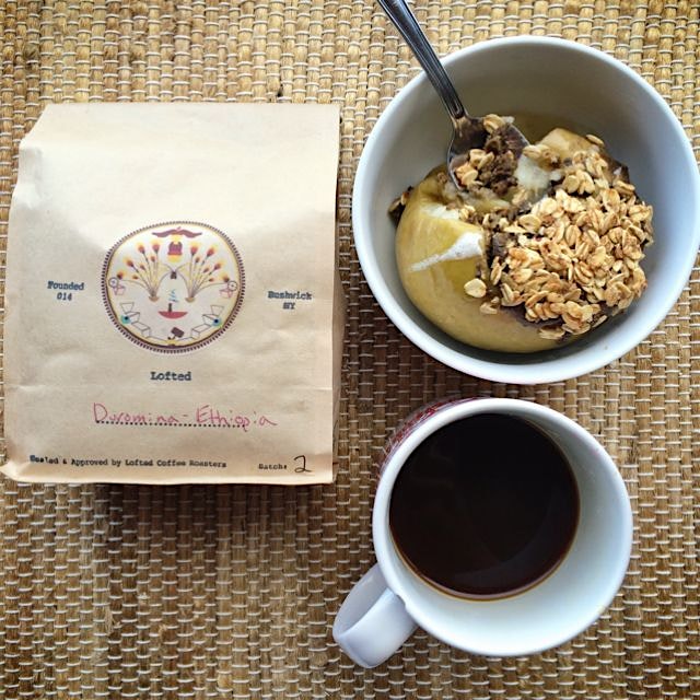 Roasted stuffed apple breakfast with roasted in Brooklyn #LoftedCoffee Duromina Ethiopia beans