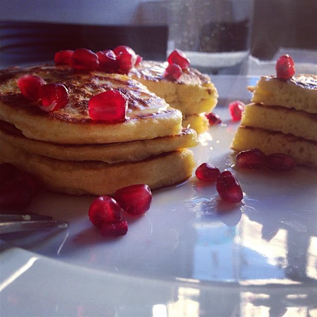 Chick pea flour pancakes with popping pomegranate seeds .. So juicy 
