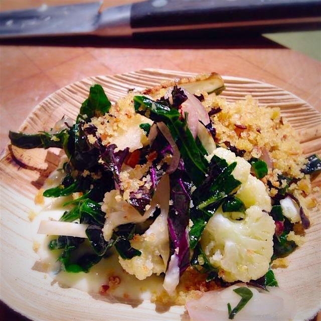 Kale salad with apples,sunchokes and cauliflower with sheeps milk feta dressing for Chefs Consort...