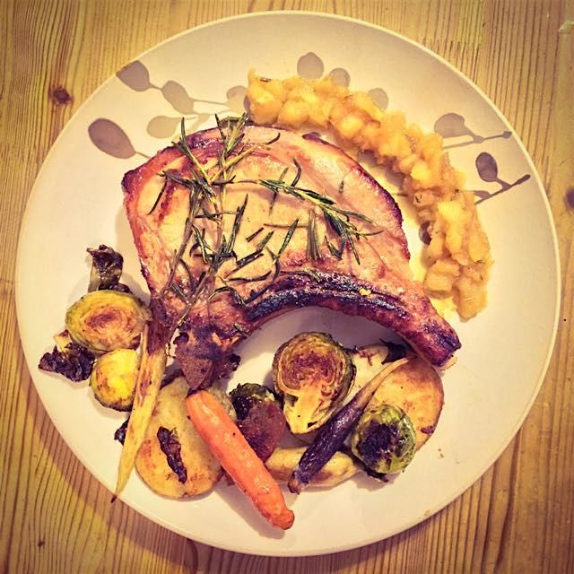 Dinner collaboration with Hubby: 12-hr brined bone-in pork chop with apple compote and roasted ve...