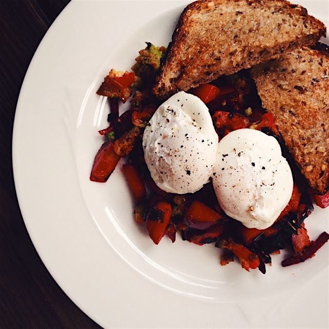 Kitchen sink hash with poached eggs for breakfast 