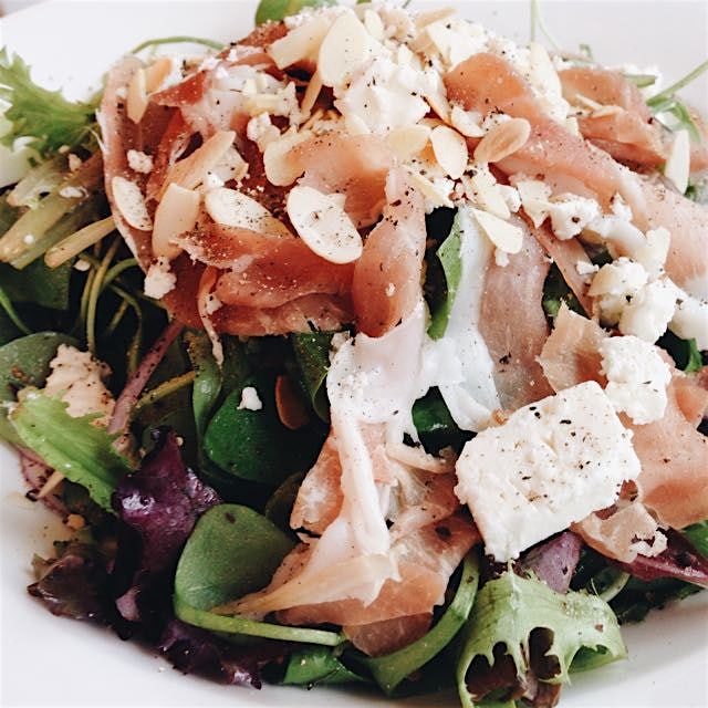 Everything is better with proscuitto! Here over mixed greens with feta, almonds, and red onions. 