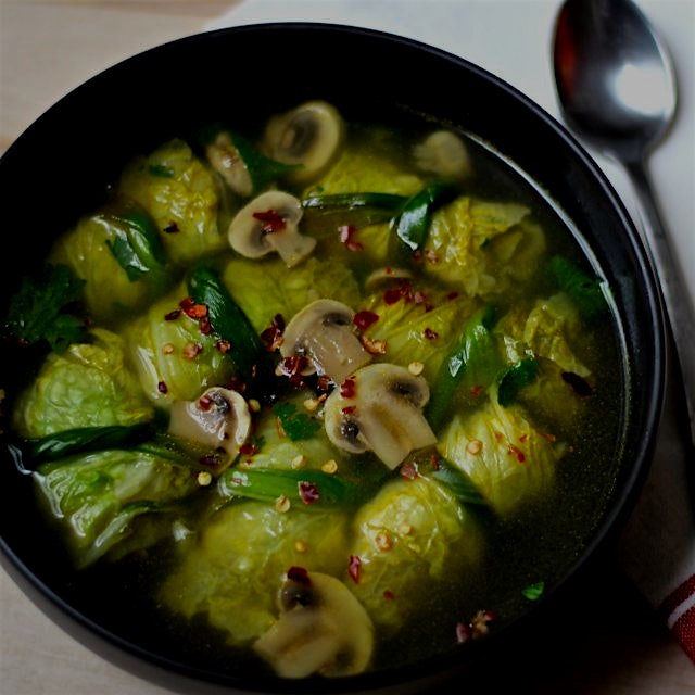 Vegan Seitan Stuffed Cabbage Dumplings Soup - recipe on MeetTheShannons.net - made with Upton's N...
