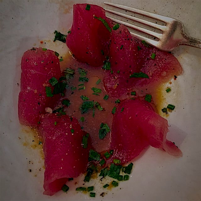 Line caught tuna sashimi marinated in ginger and mint for dinner starters!