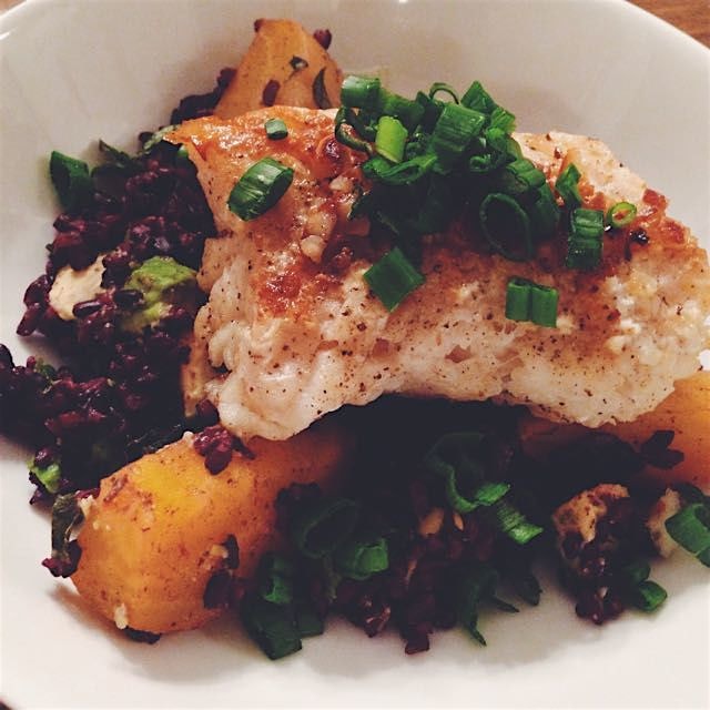 Macadamia nut crusted cod, black "forbidden" rice, golden beets, avocado, mint, lime, scallions. 